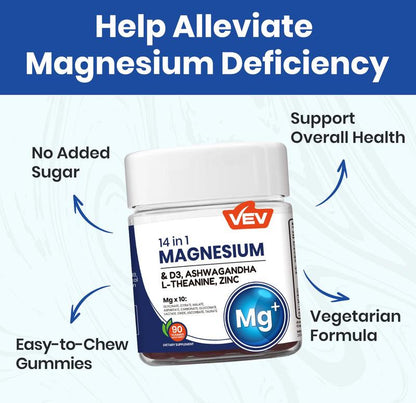VEV 14-in-1 Magnesium Gummies – with Ashwagandha, L-Theanine, Vitamin D3 & Zincs