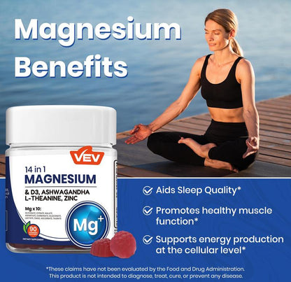 VEV 14-in-1 Magnesium Gummies – with Ashwagandha, L-Theanine, Vitamin D3 & Zincs