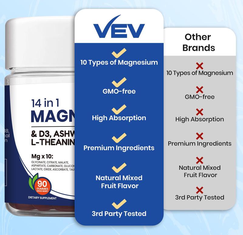 VEV 14-in-1 Magnesium Gummies – with Ashwagandha, L-Theanine, Vitamin D3 & Zincs